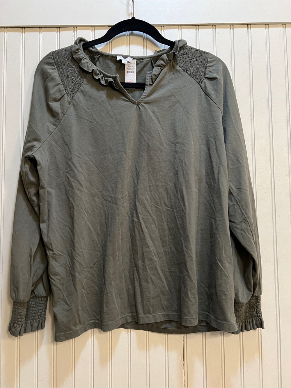 Talbots Olive Green Ruffle V-Neck Long Sleeve Top with Smocked Accents